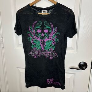 Y2K Black Bone Collector Glitter Logo Burnout Baby Tee Sz M Mcbling Grunge 2000s